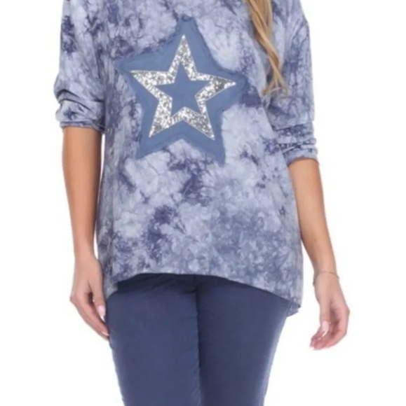 Blue Tie DYE FLORA ASHLEY LIGHTWEIGHT SUMMER BLOUSE Star SEQUINED long sleeve - Picture 7 of 8
